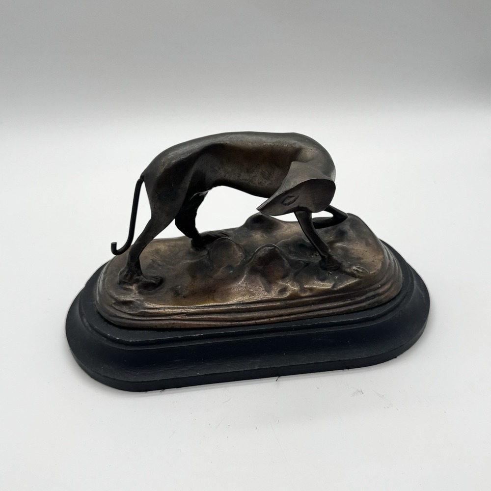 Antique Bronze Greyhound Whippet Sculpture Hunting Dog Looking Back Art Deco